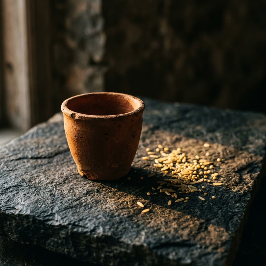 A rustic earthenware cup surrounded by golden grains on dark stone