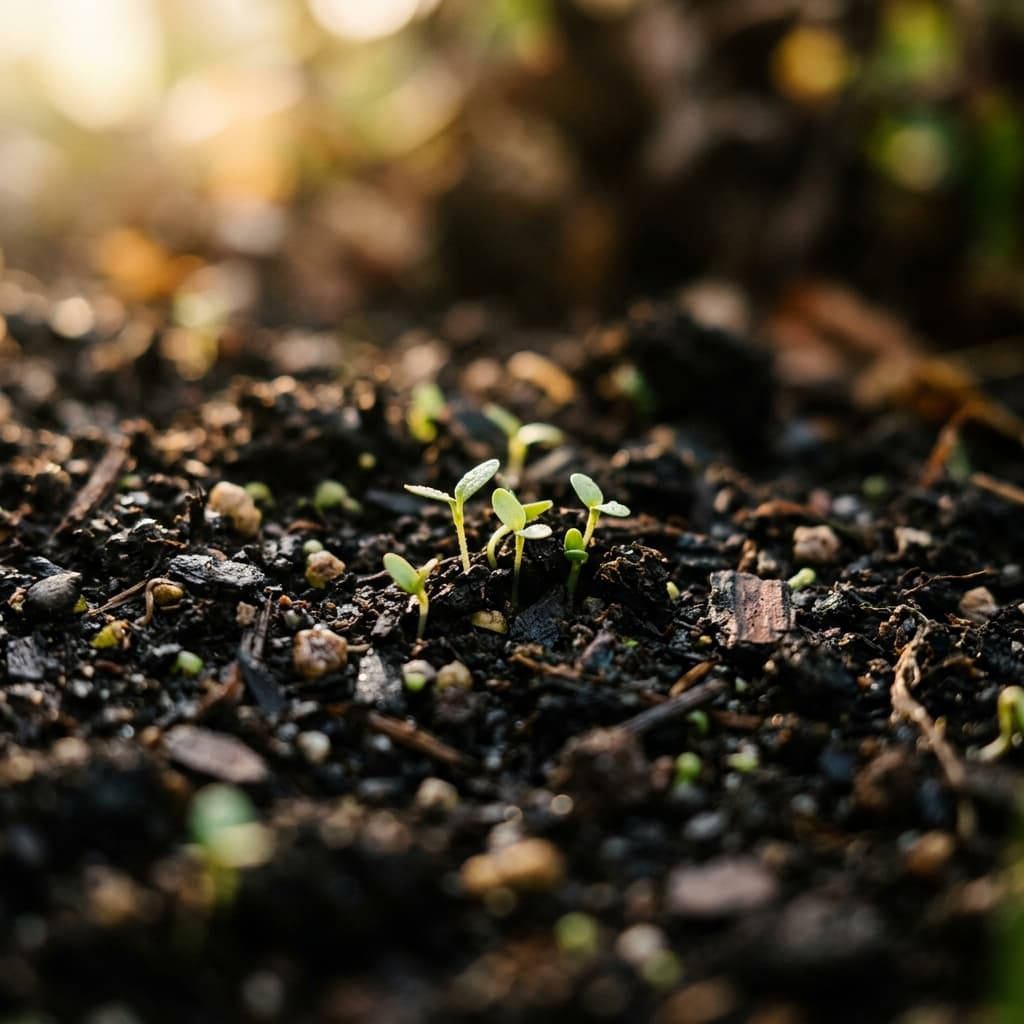 Sprouts emerging from dark rich Indian soil